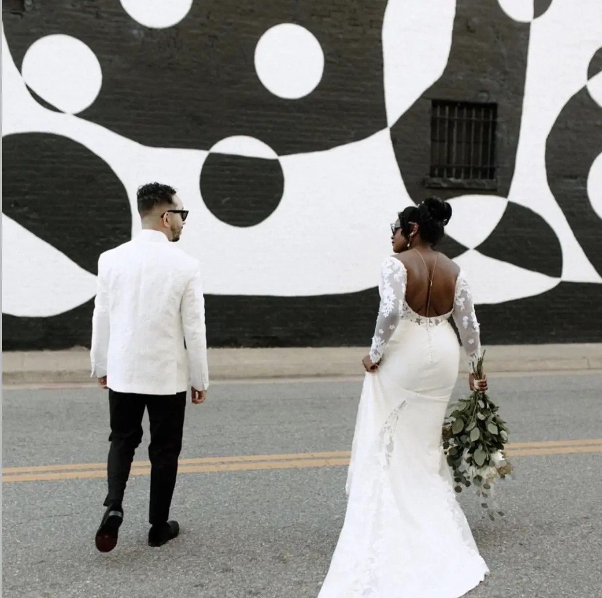 Bride and Groom in Virginia; Modern Wedding Dress with Low Back