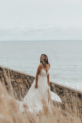 Here & Now Style #D3408 #0 default (IV-PL) Ivory Gown w Porcelain Tulle Plunge thumbnail