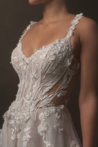 Here & Now Style #ML1899 #2 default (IVRM-PL) Ivory Lace & Tulle over Rum Gown w Porcelain Tulle Illusion thumbnail