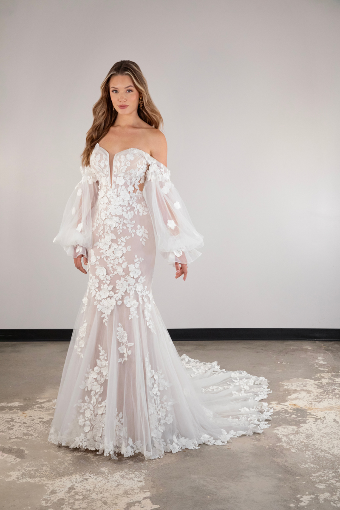 Here & Now Style #D4038 (Dress & Sleeves) #0 default (IVRM-PL) Ivory Lace and Tulle over Rum Gown w Porcelain Tulle Plunge thumbnail