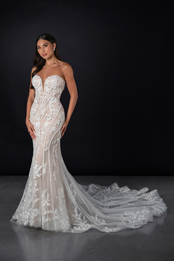 Here & Now Style #1870 (Bodice Unlined) #2 default (IVRM-PL) Ivory Lace and Tulle over Rum Gown w Porcelain Tulle Plunge thumbnail