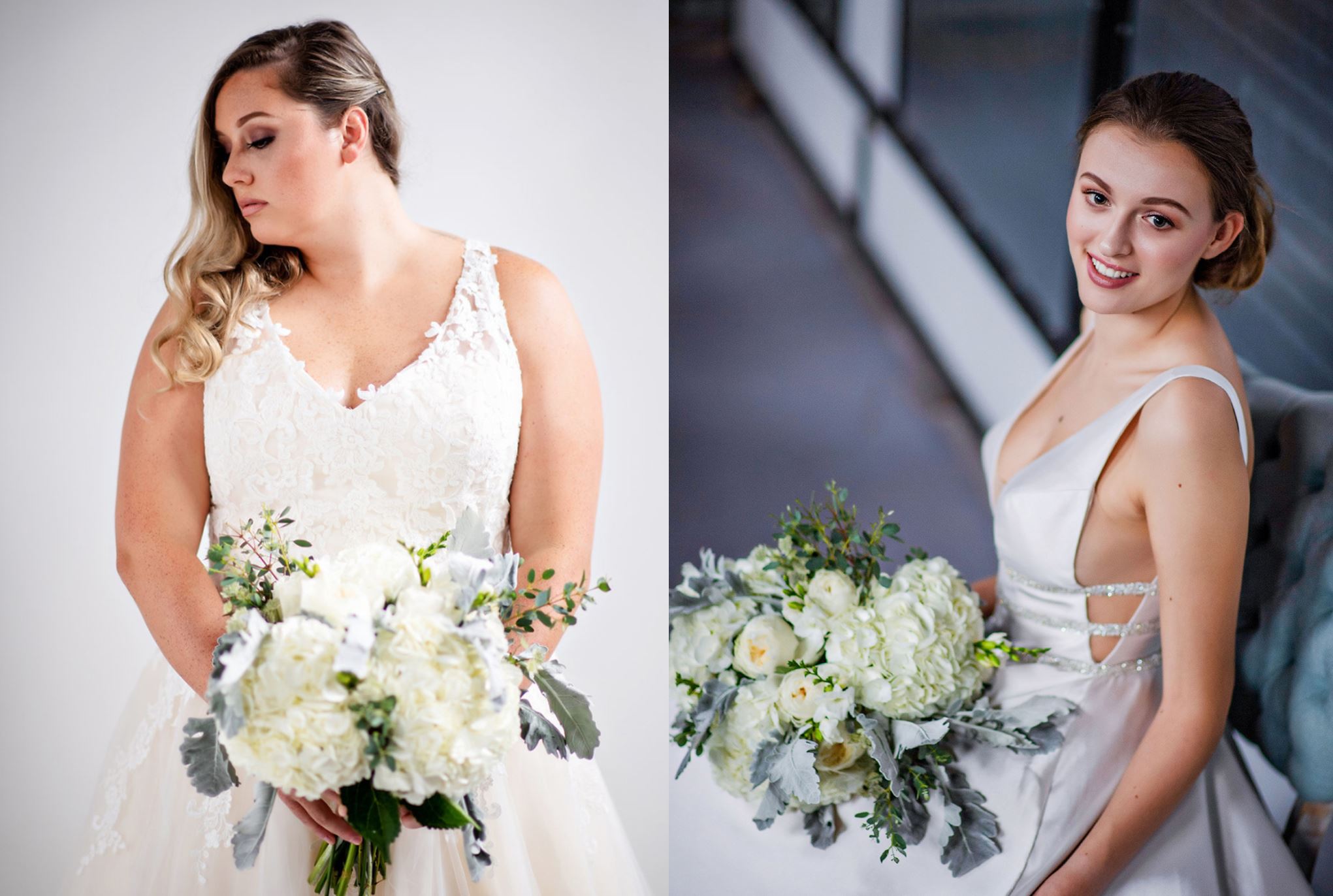 brides with bouquets in off the rack wedding dresses from here and now bridal in virginia beach